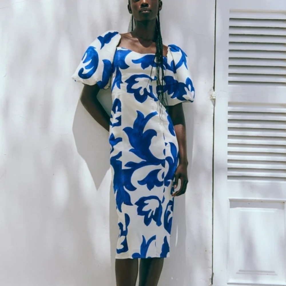 H&M Elegant Blue and White Floral Dress Puffy Balloon Sleeve - Picture 2 of 8